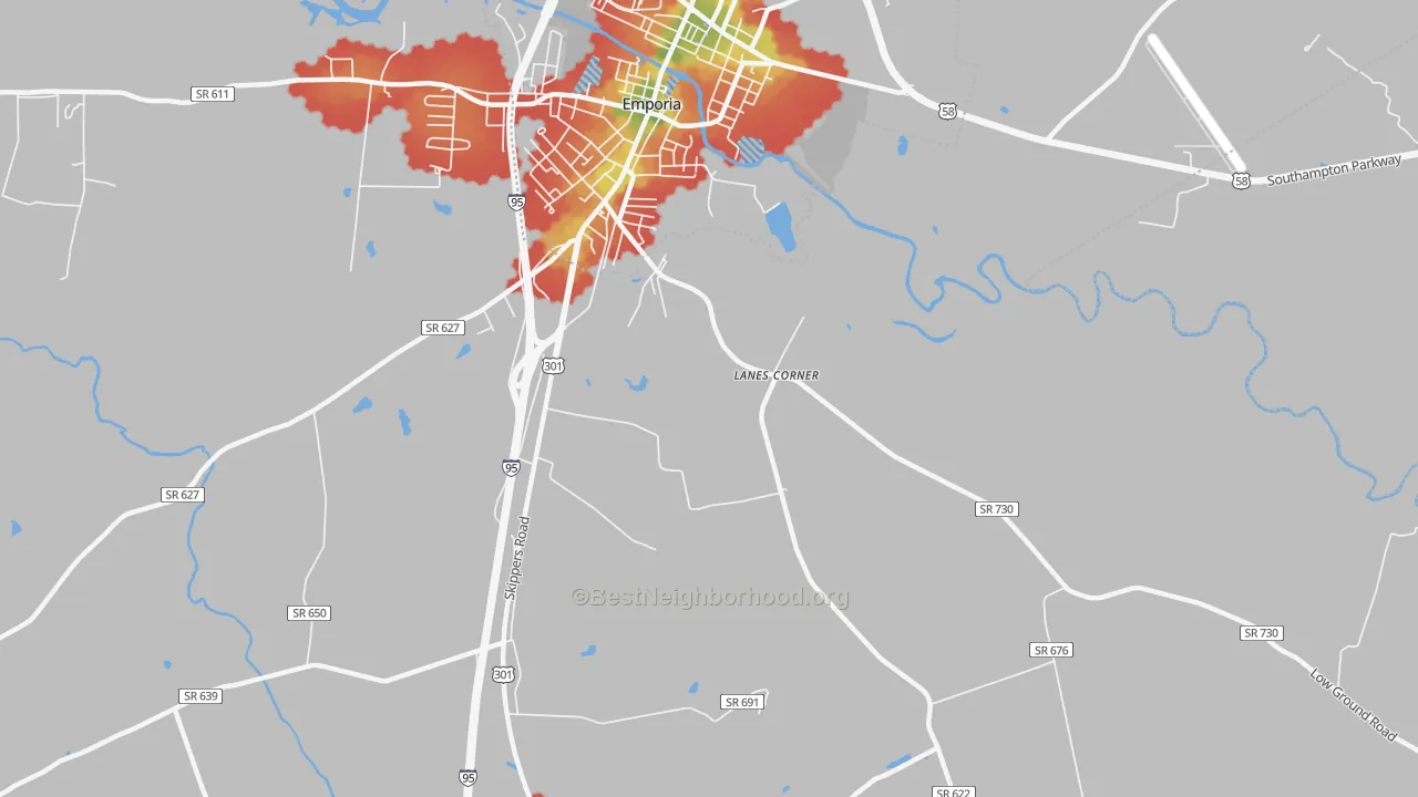 Walk Grade map of Purdy, VA, walkable areas in green and car-dependent areas in red