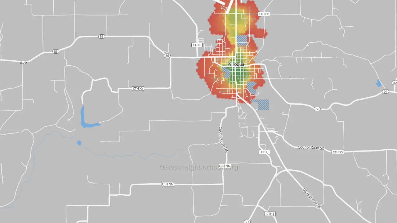 Walk Grade map of Purdy, WI, walkable areas in green and car-dependent areas in red