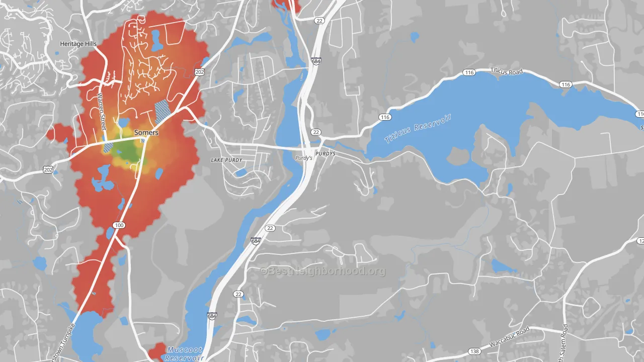 Walk Grade map of Purdys, NY, walkable areas in green and car-dependent areas in red