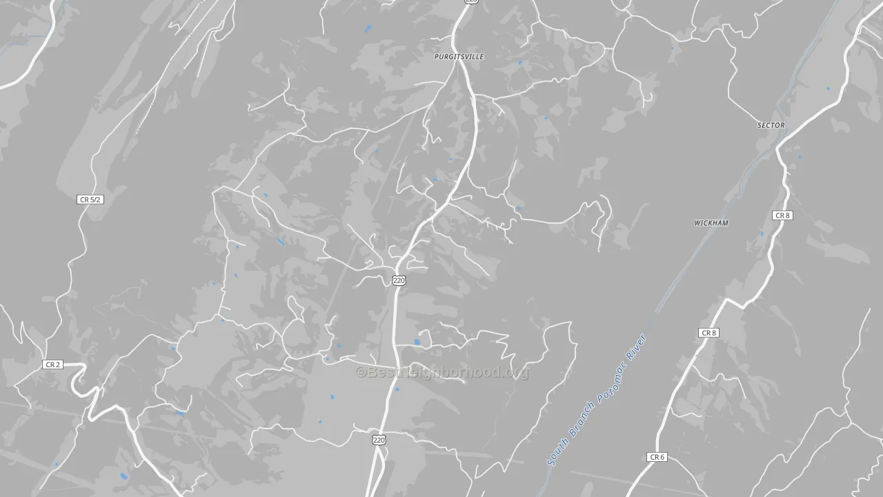 Walk Grade map of Purgitsville, WV, walkable areas in green and car-dependent areas in red