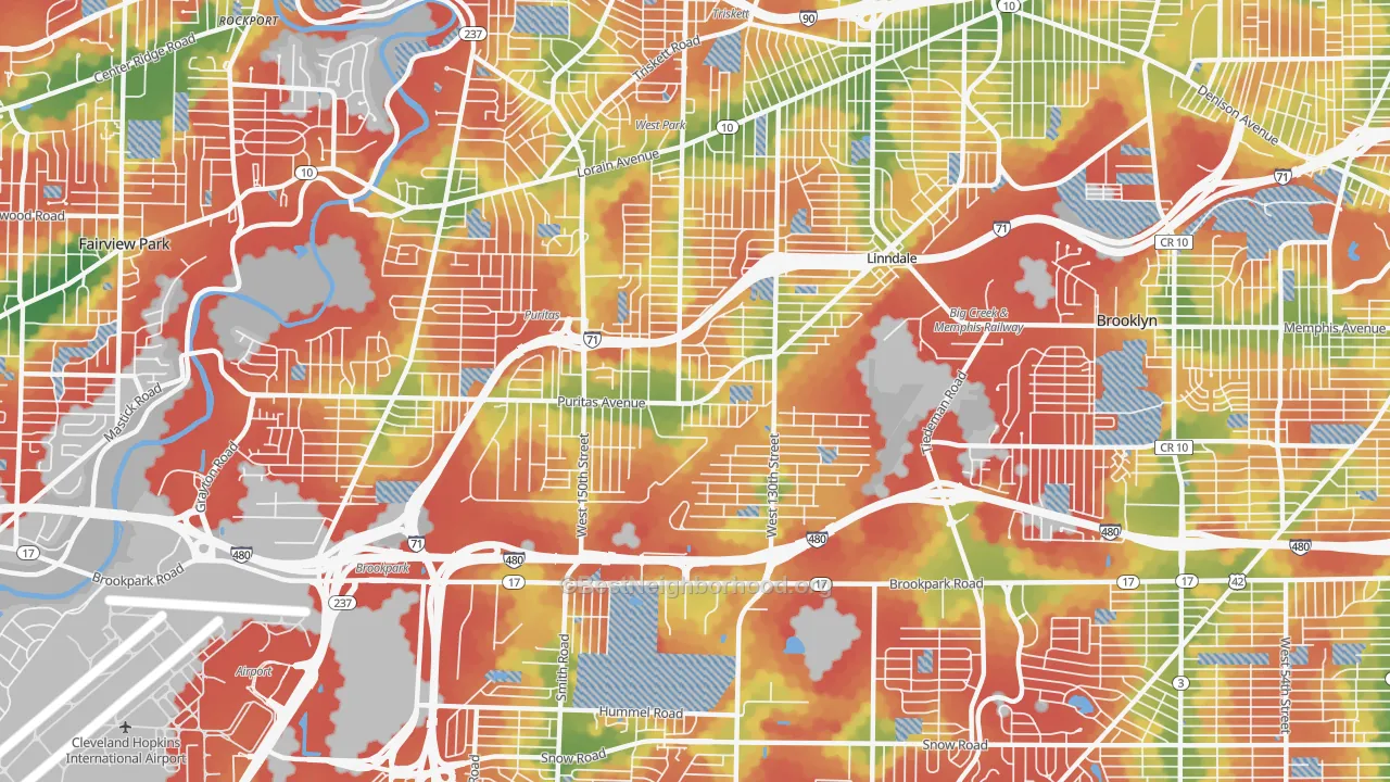 Walk Grade map of Puritas Longmead, Cleveland, OH, walkable areas in green and car-dependent areas in red