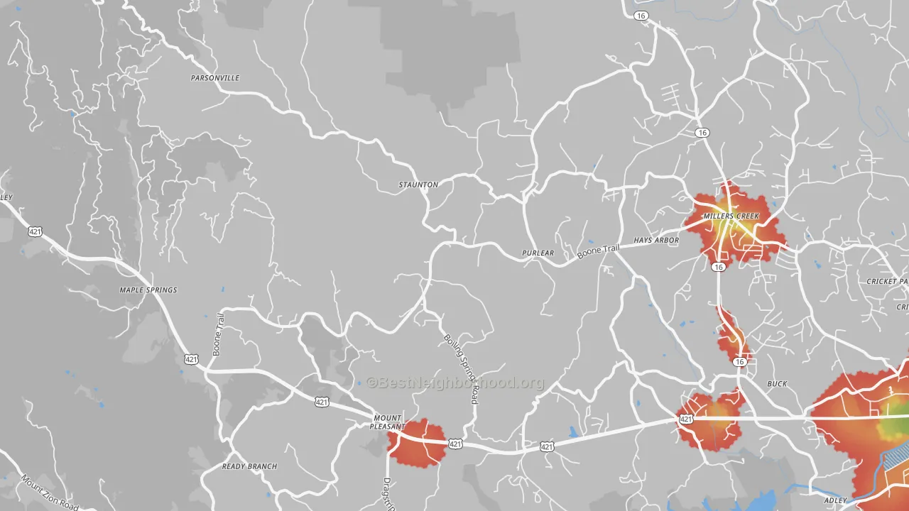 Walk Grade map of Purlear, NC, walkable areas in green and car-dependent areas in red