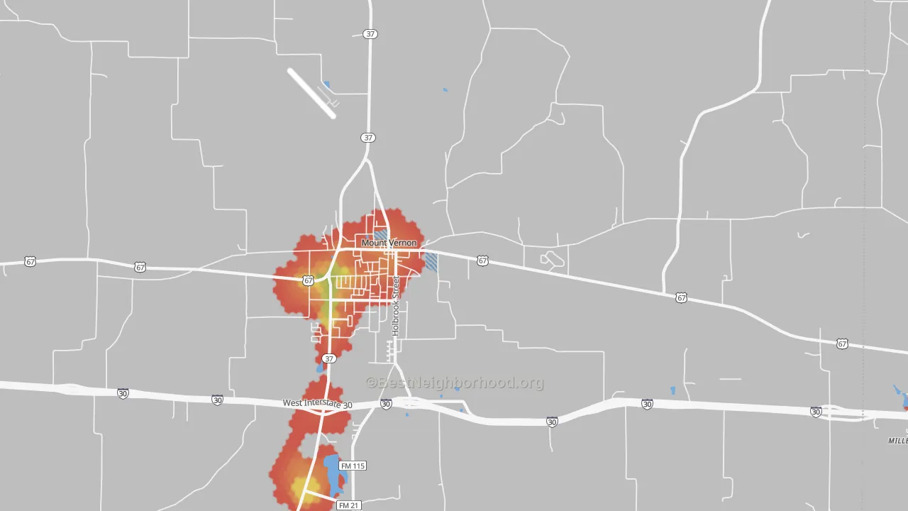 Walk Grade map of Purley, TX, walkable areas in green and car-dependent areas in red