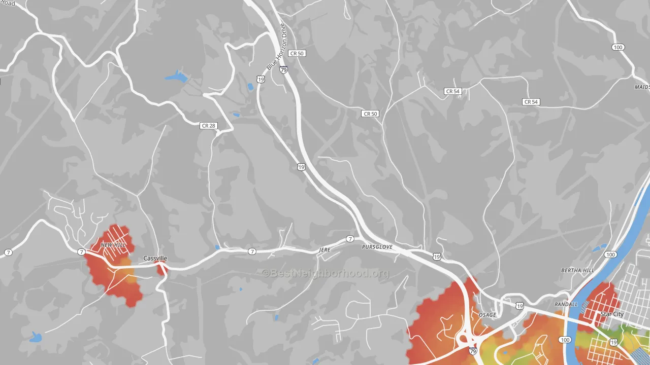 Walk Grade map of Pursglove, WV, walkable areas in green and car-dependent areas in red