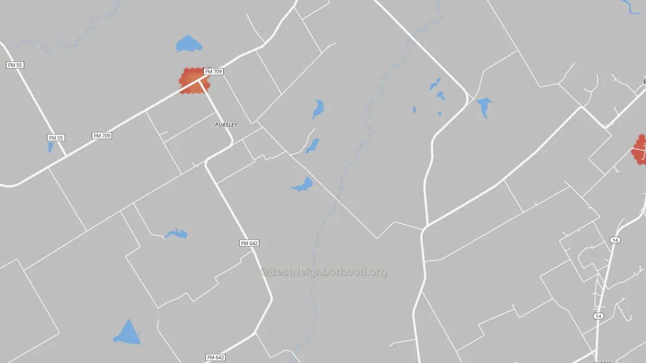 Walk Grade map of Pursley, TX, walkable areas in green and car-dependent areas in red