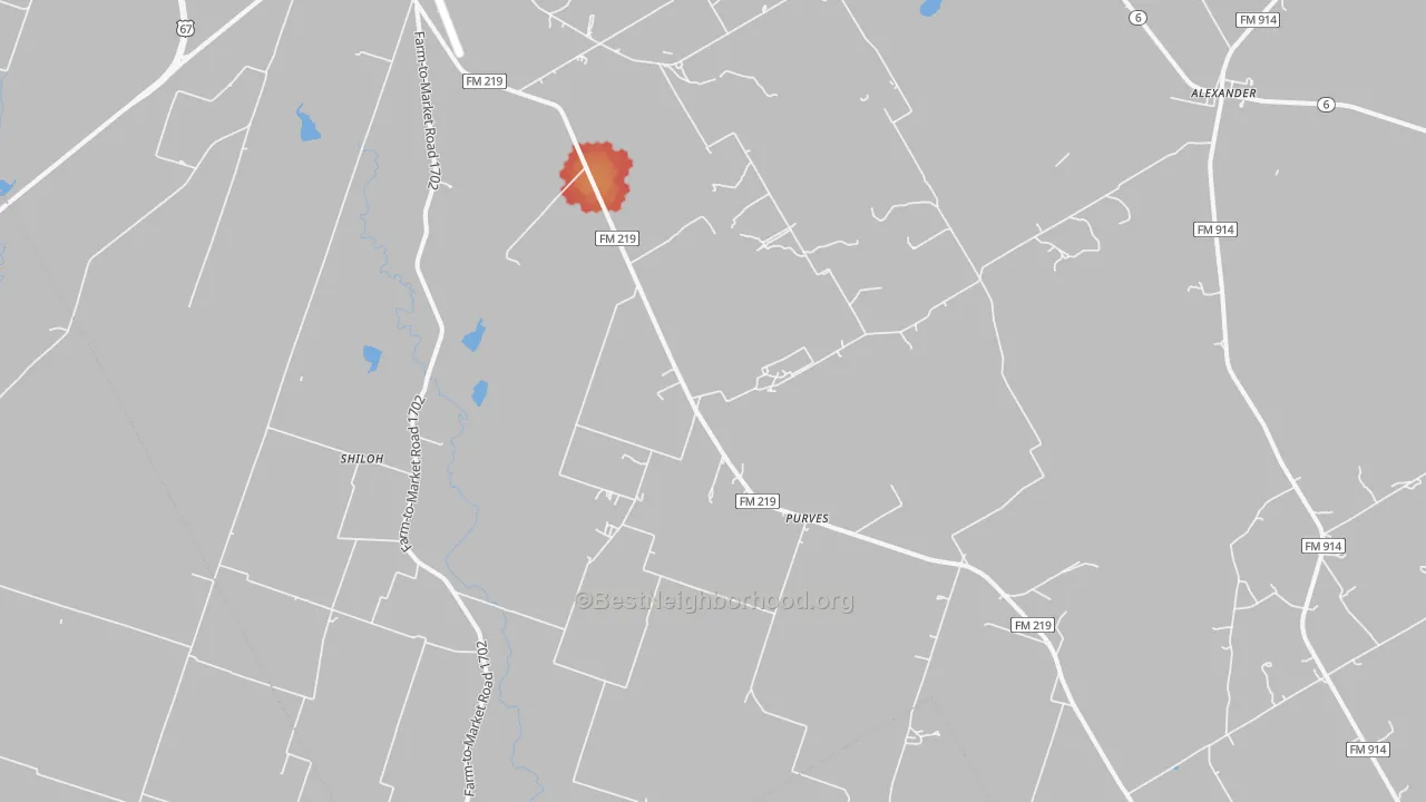 Walk Grade map of Purves, TX, walkable areas in green and car-dependent areas in red