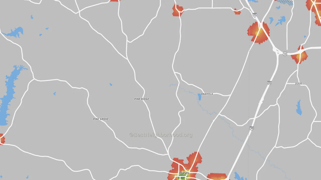 Walk Grade map of Purvis, MS, walkable areas in green and car-dependent areas in red