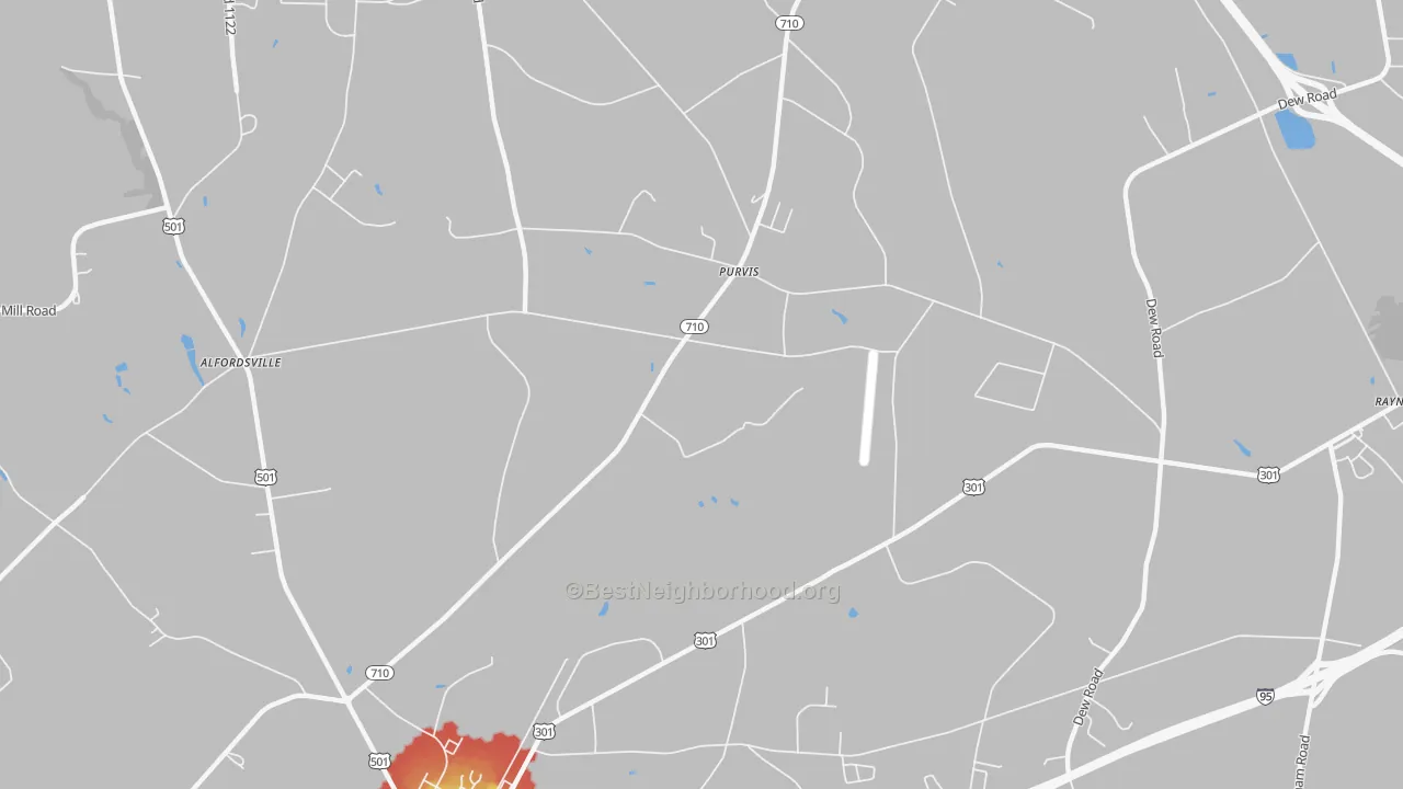 Walk Grade map of Purvis, NC, walkable areas in green and car-dependent areas in red