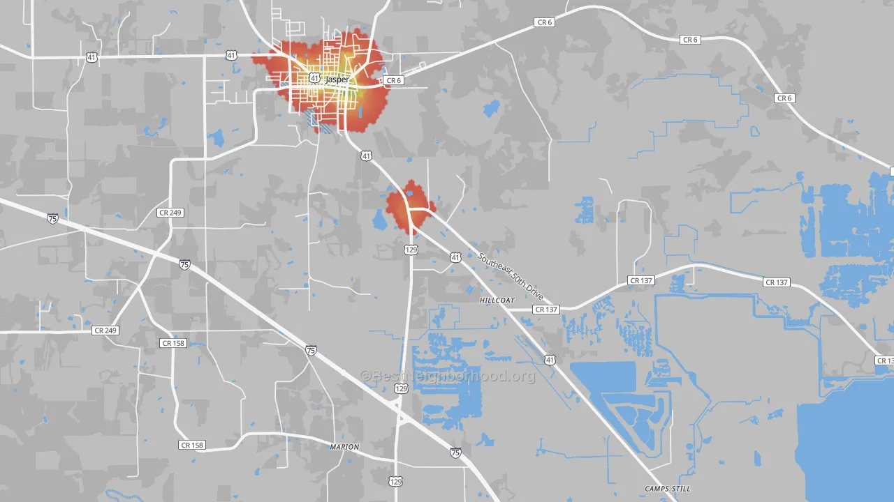 Walk Grade map of Purvis Still, FL, walkable areas in green and car-dependent areas in red