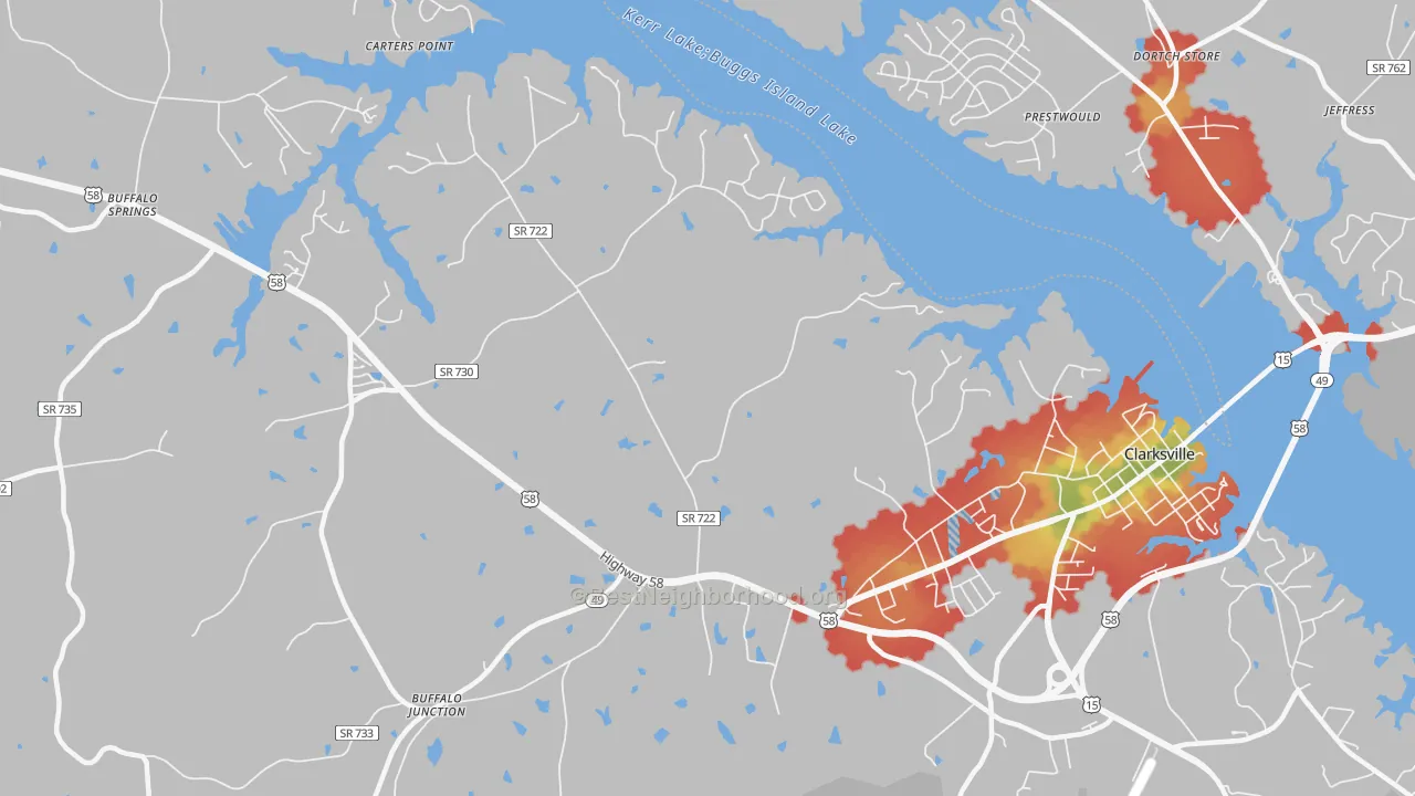 Walk Grade map of Puryear Corner, VA, walkable areas in green and car-dependent areas in red