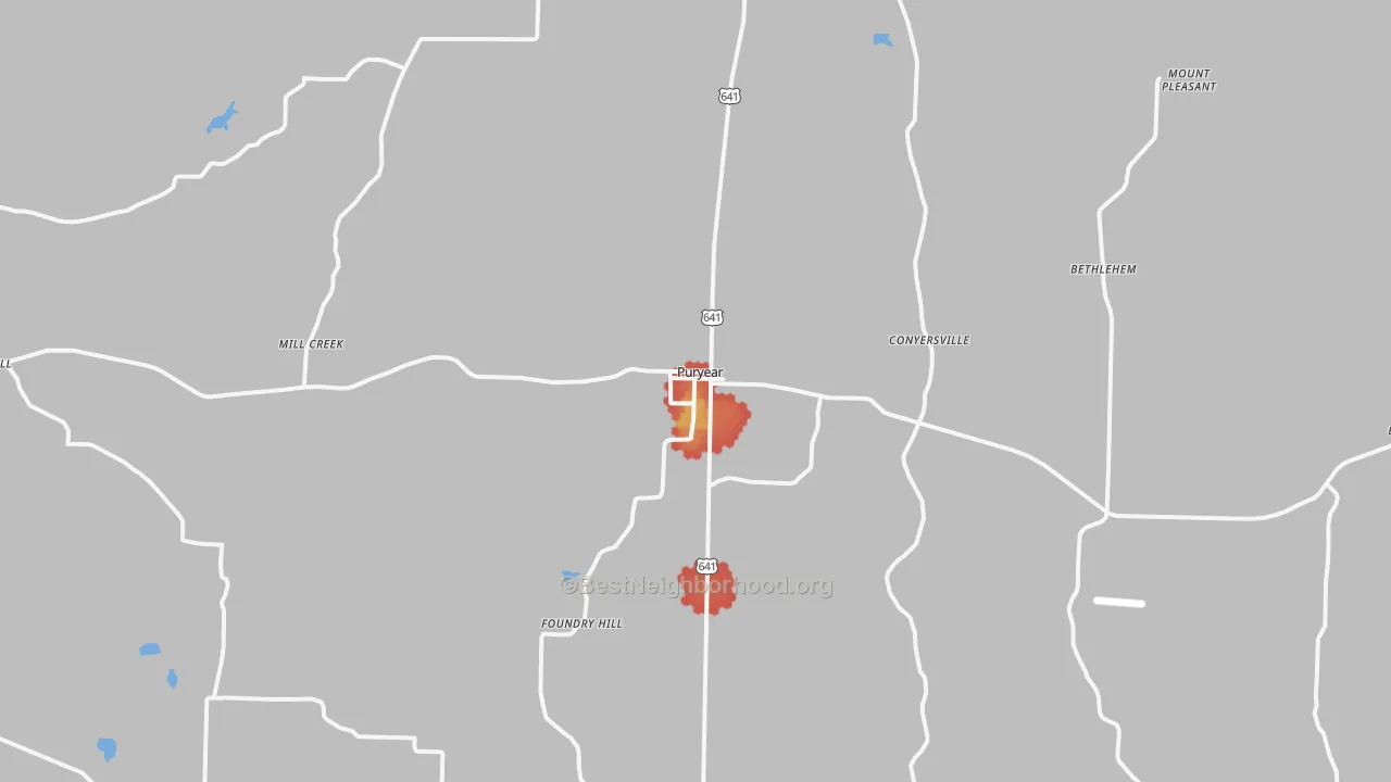 Walk Grade map of Puryear, TN, walkable areas in green and car-dependent areas in red