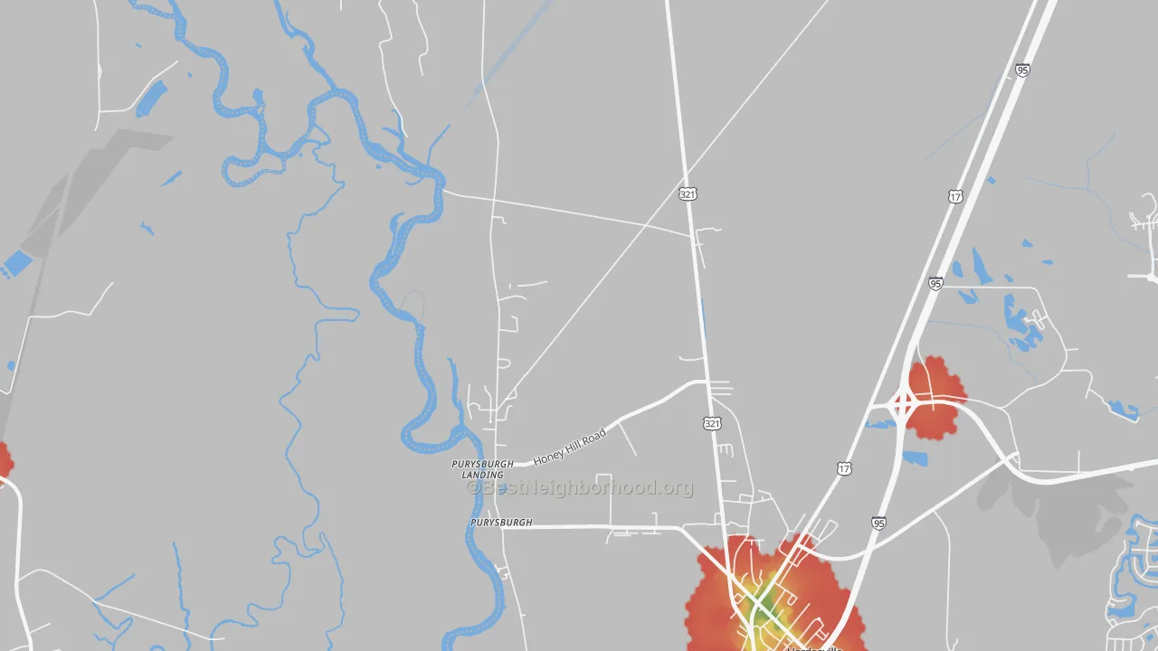 Walk Grade map of Purysburgh, SC, walkable areas in green and car-dependent areas in red