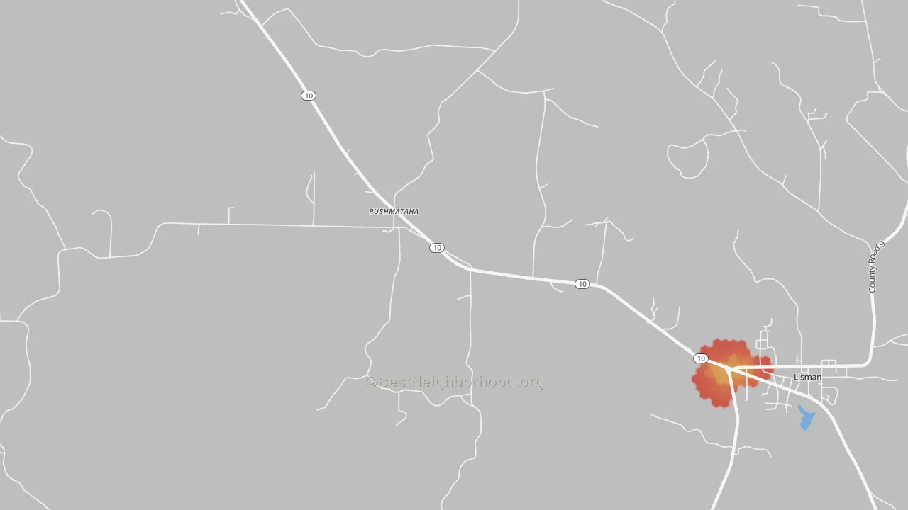 Walk Grade map of Pushmataha, AL, walkable areas in green and car-dependent areas in red