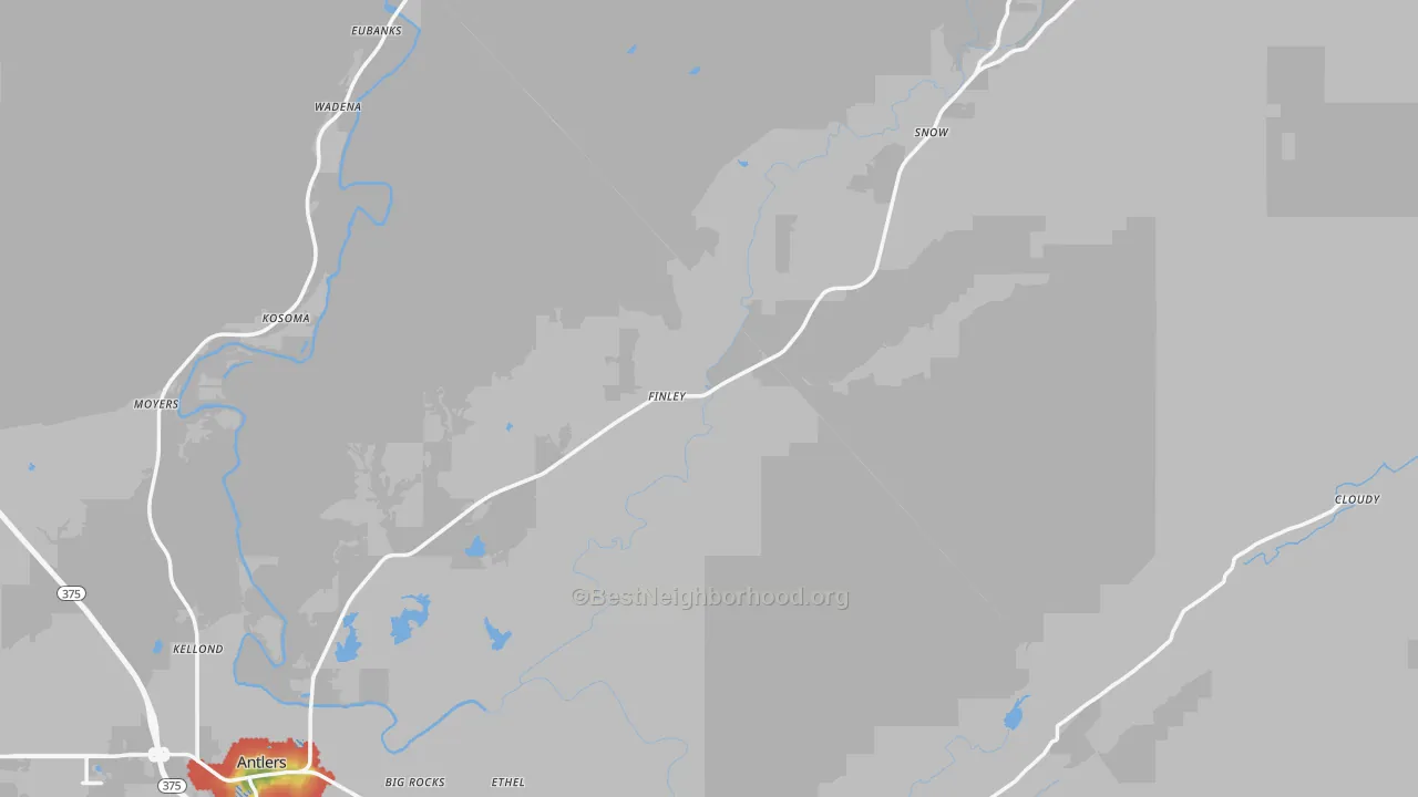 Walk Grade map of Pushmataha County, OK, walkable areas in green and car-dependent areas in red