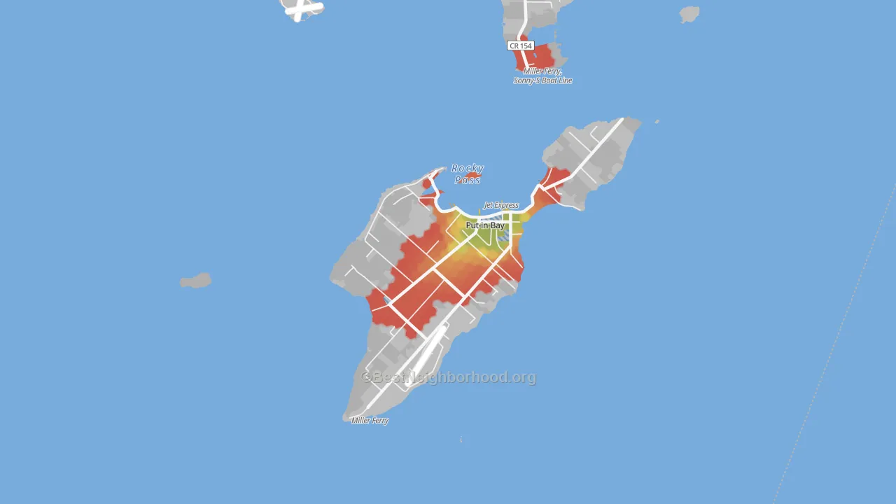 Walk Grade map of Put-in-Bay, OH, walkable areas in green and car-dependent areas in red