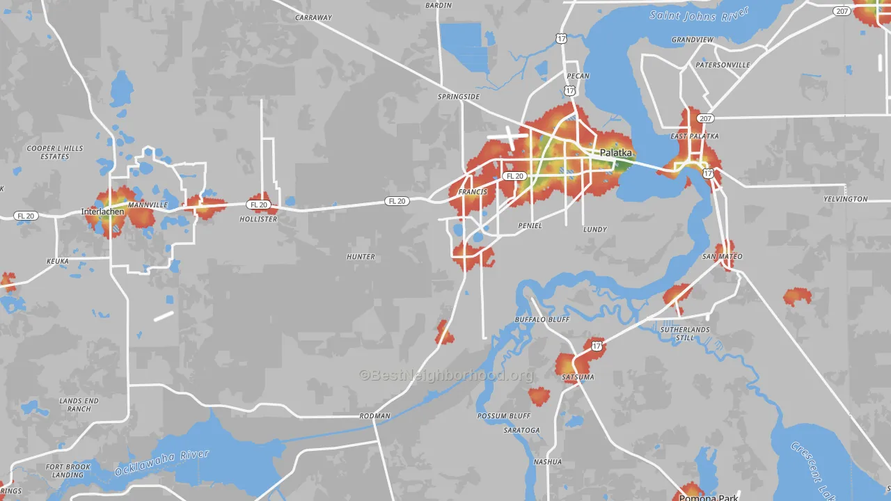 Walk Grade map of Putnam County, FL, walkable areas in green and car-dependent areas in red