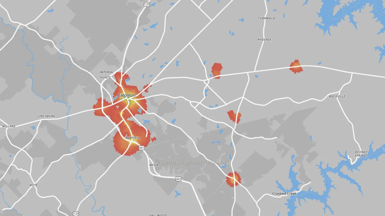 Walk Grade map of Putnam County, GA, walkable areas in green and car-dependent areas in red