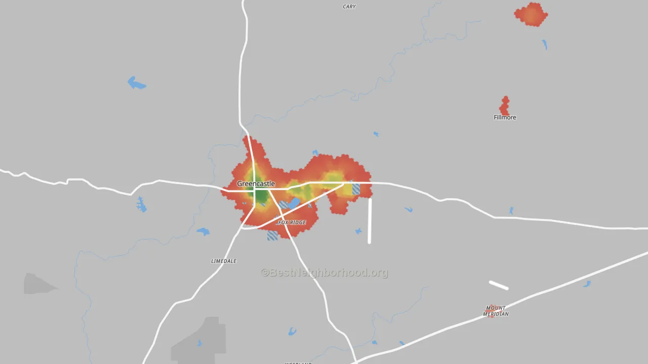 Walk Grade map of Putnam County, IN, walkable areas in green and car-dependent areas in red