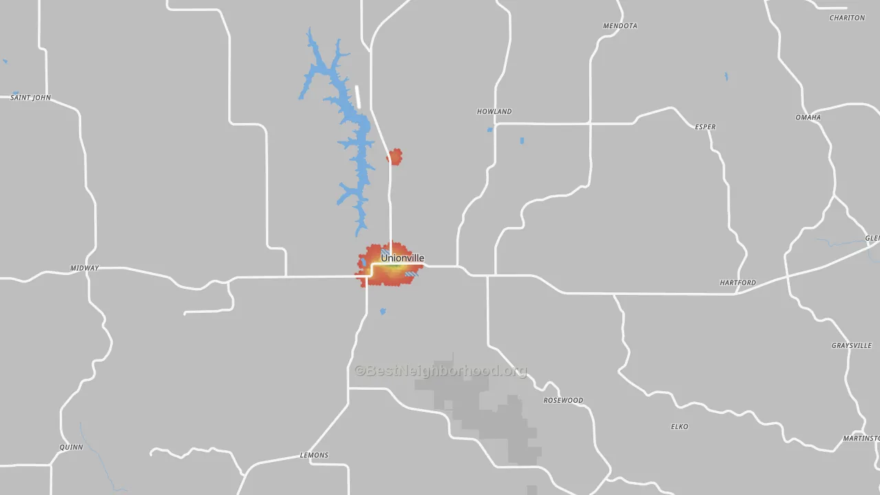 Walk Grade map of Putnam County, MO, walkable areas in green and car-dependent areas in red