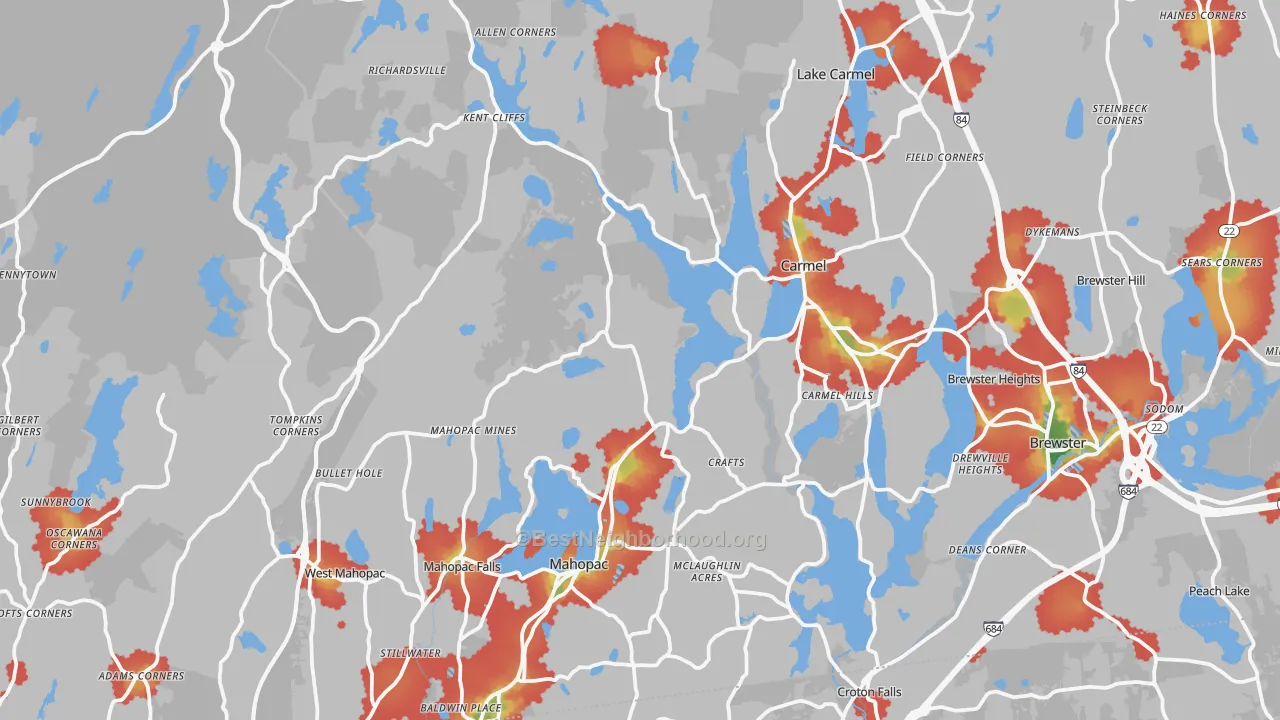 Walk Grade map of Putnam County, NY, walkable areas in green and car-dependent areas in red