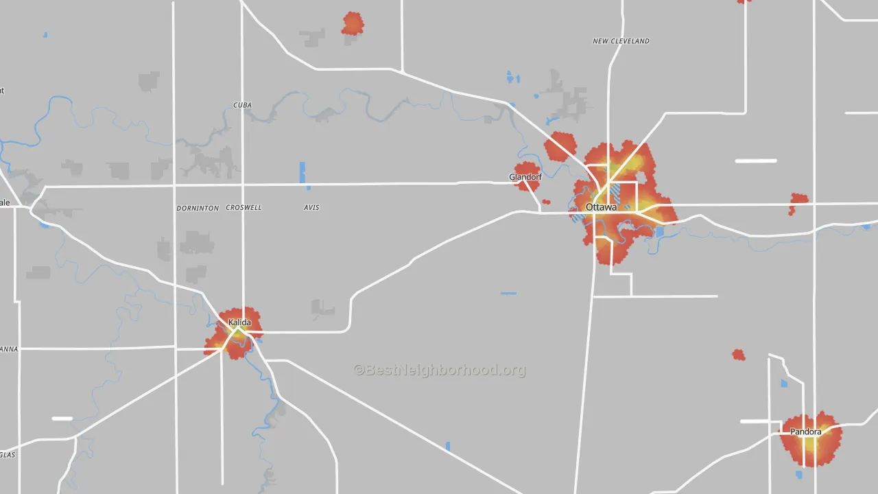 Walk Grade map of Putnam County, OH, walkable areas in green and car-dependent areas in red