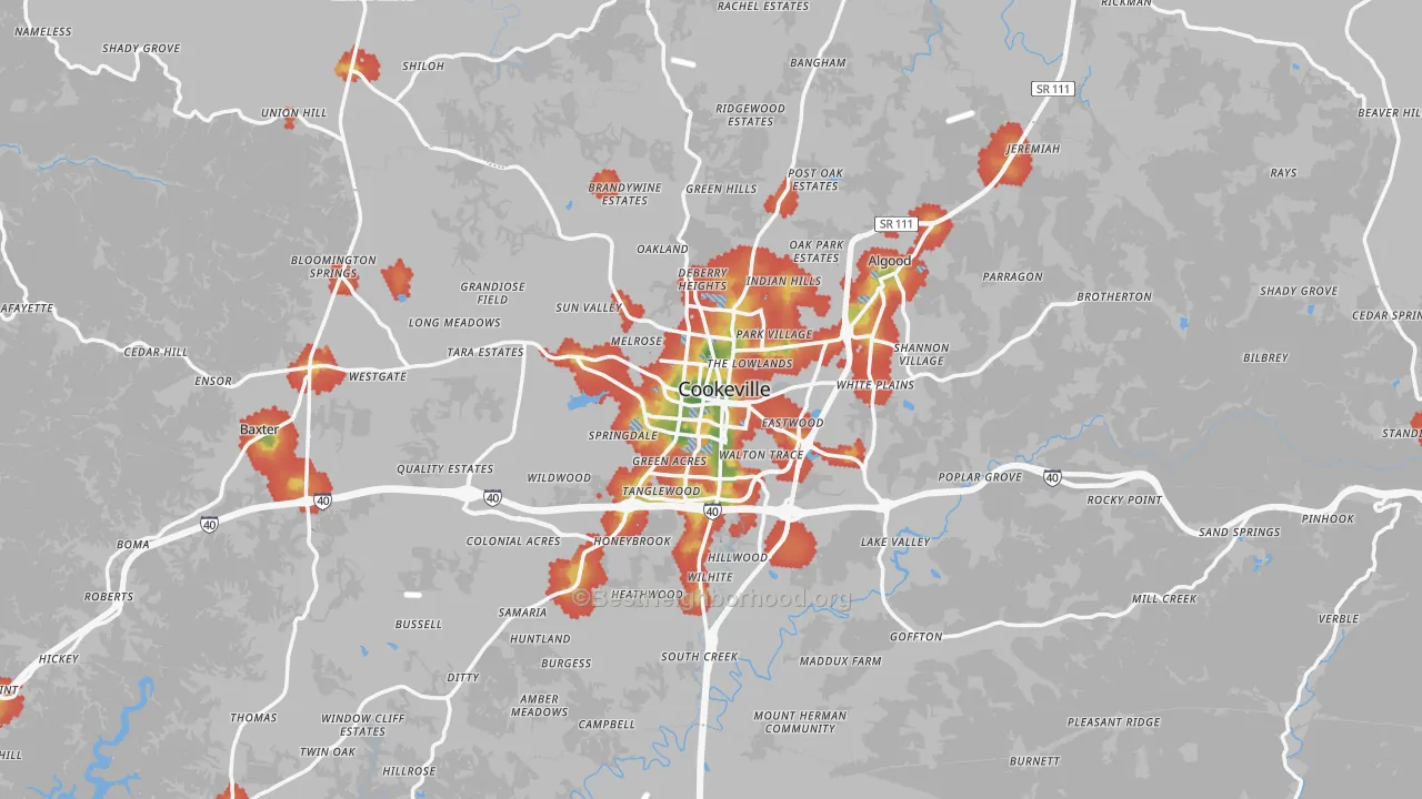 Walk Grade map of Putnam County, TN, walkable areas in green and car-dependent areas in red