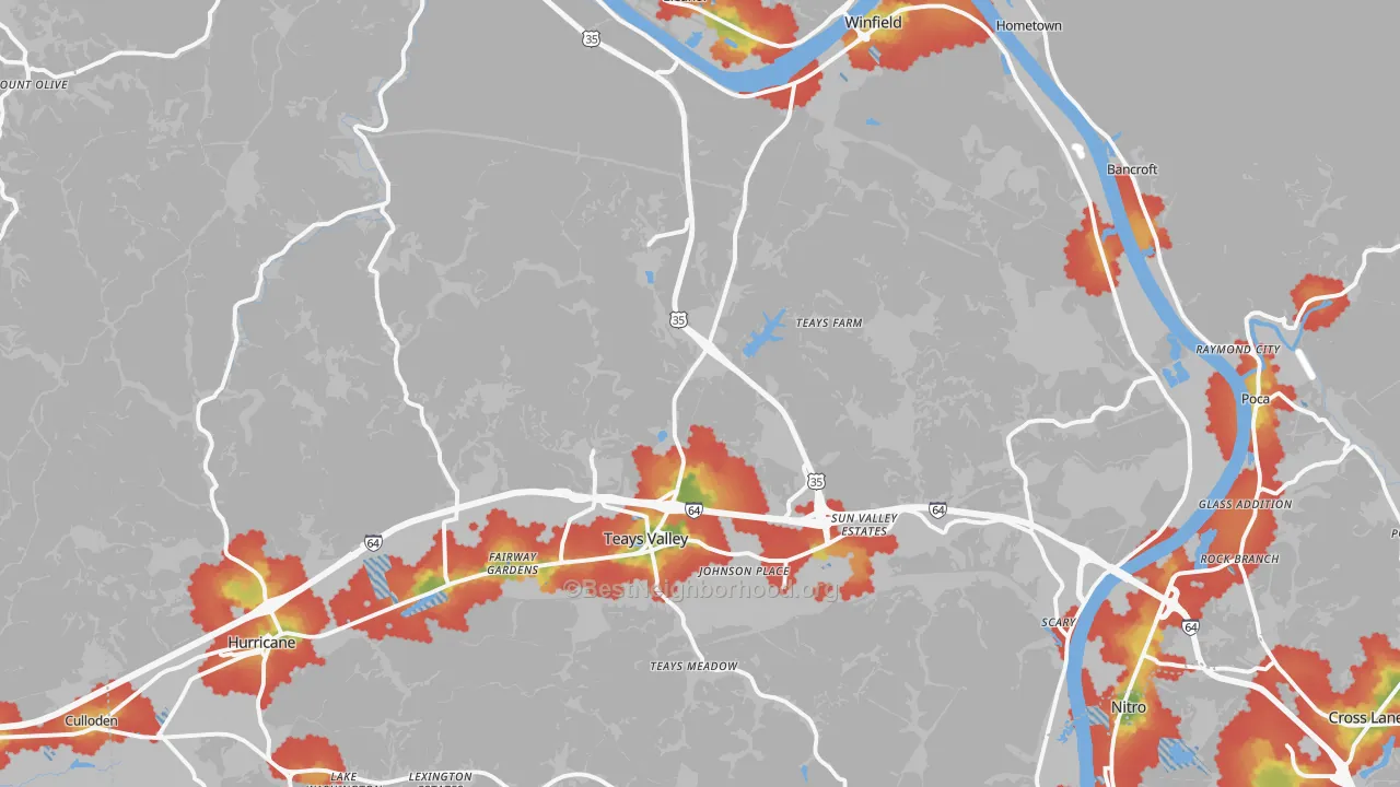 Walk Grade map of Putnam County, WV, walkable areas in green and car-dependent areas in red