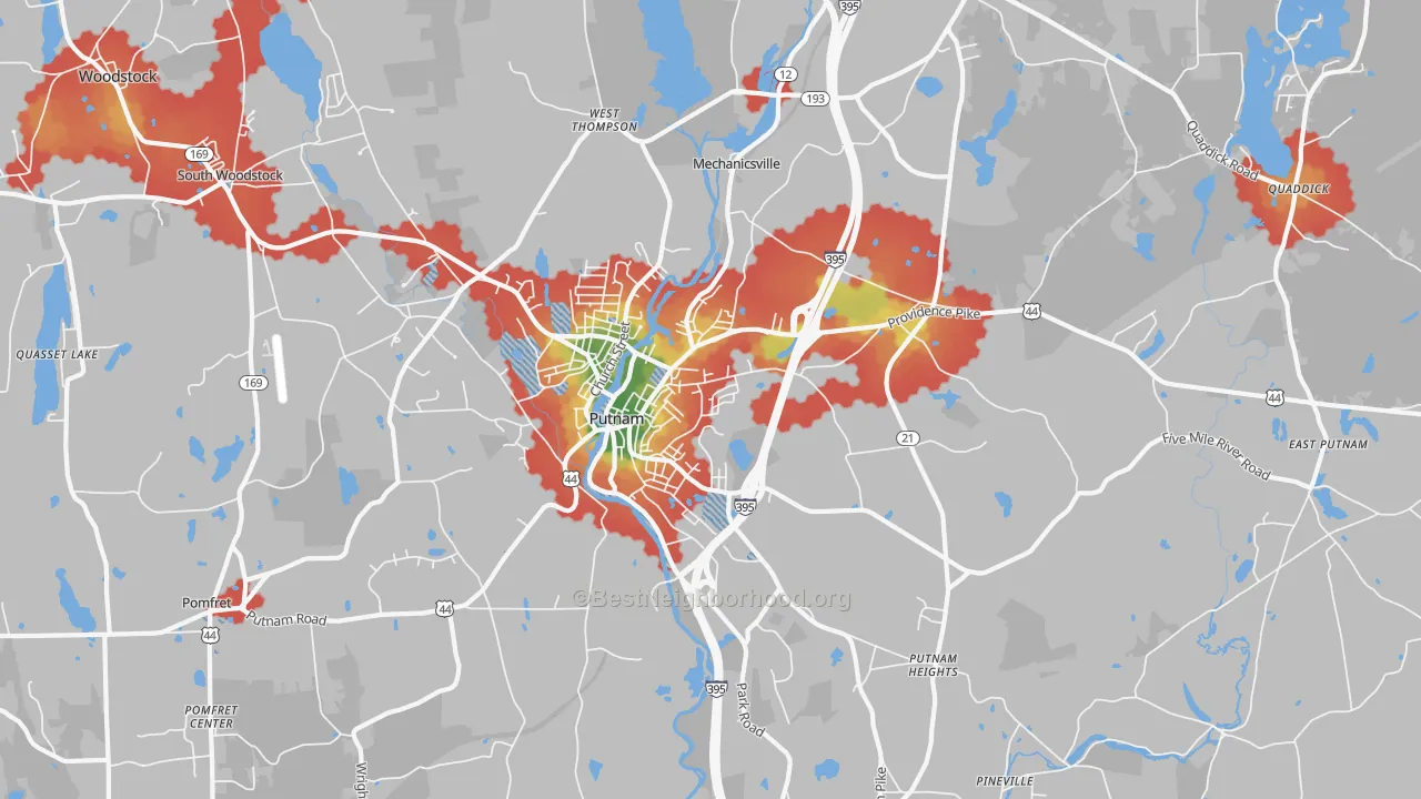 Walk Grade map of Putnam, CT, walkable areas in green and car-dependent areas in red