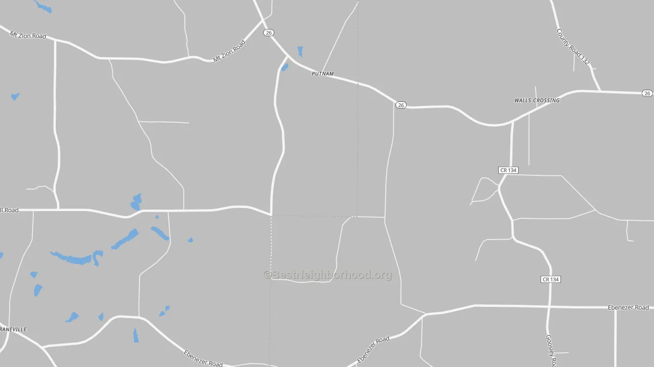 Walk Grade map of Putnam, GA, walkable areas in green and car-dependent areas in red