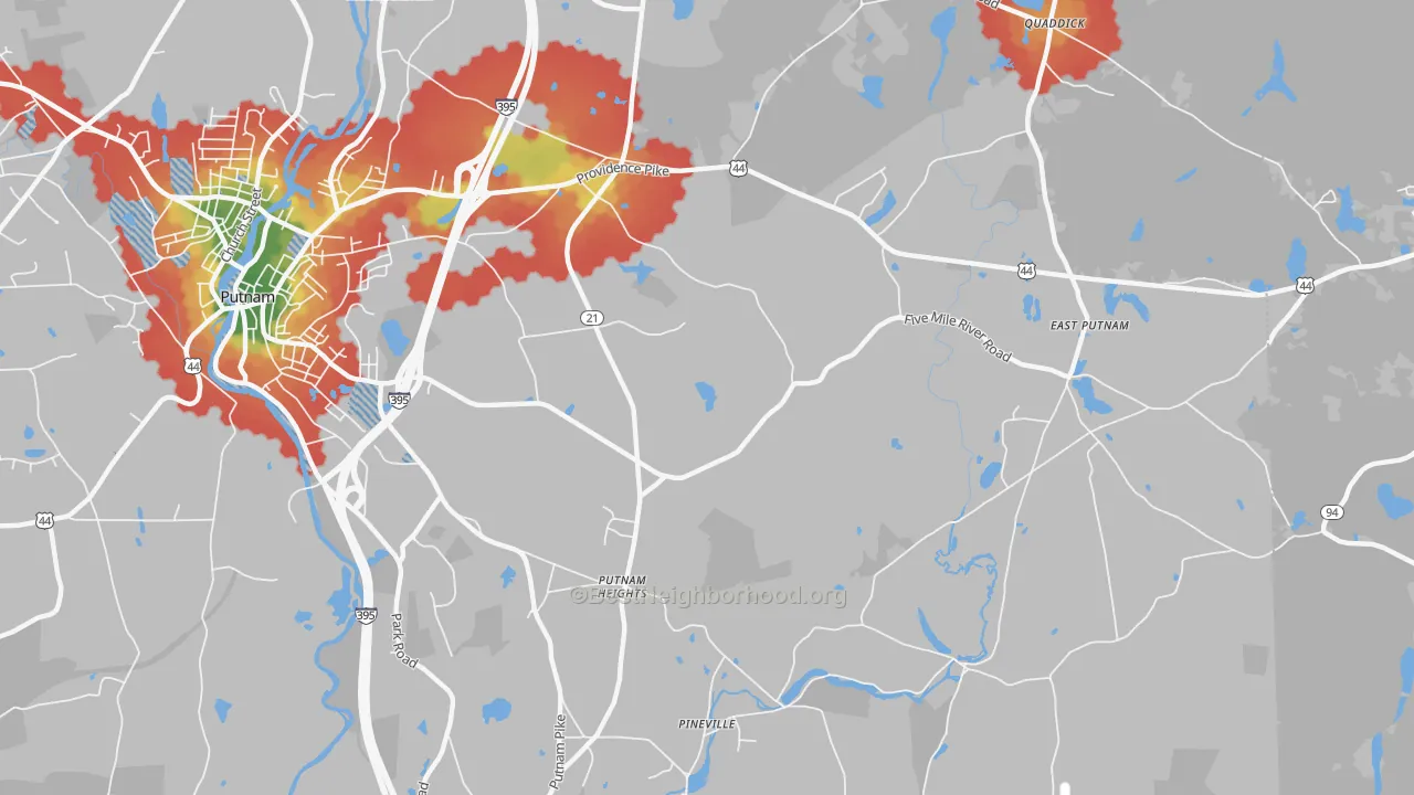 Walk Grade map of Putnam Heights, CT, walkable areas in green and car-dependent areas in red