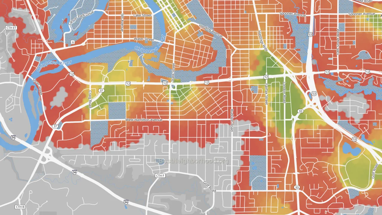 Walk Grade map of Putnam Heights, Eau Claire, WI, walkable areas in green and car-dependent areas in red
