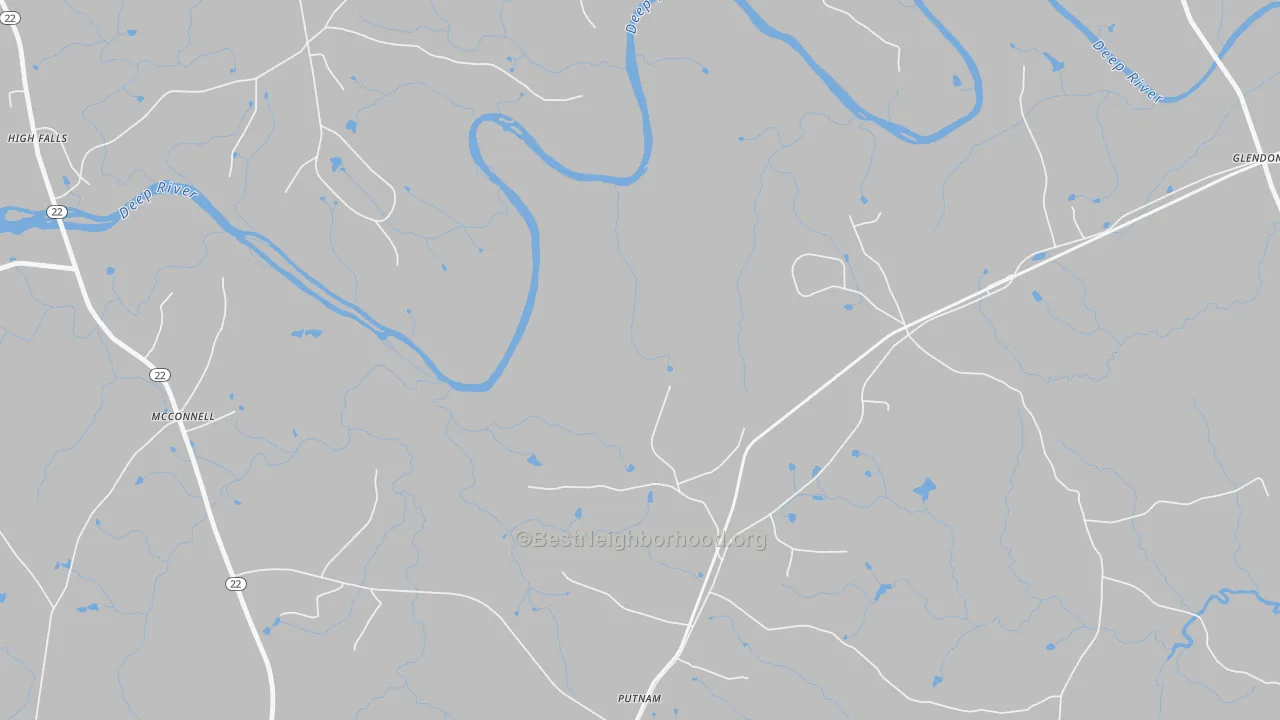 Walk Grade map of Putnam, NC, walkable areas in green and car-dependent areas in red