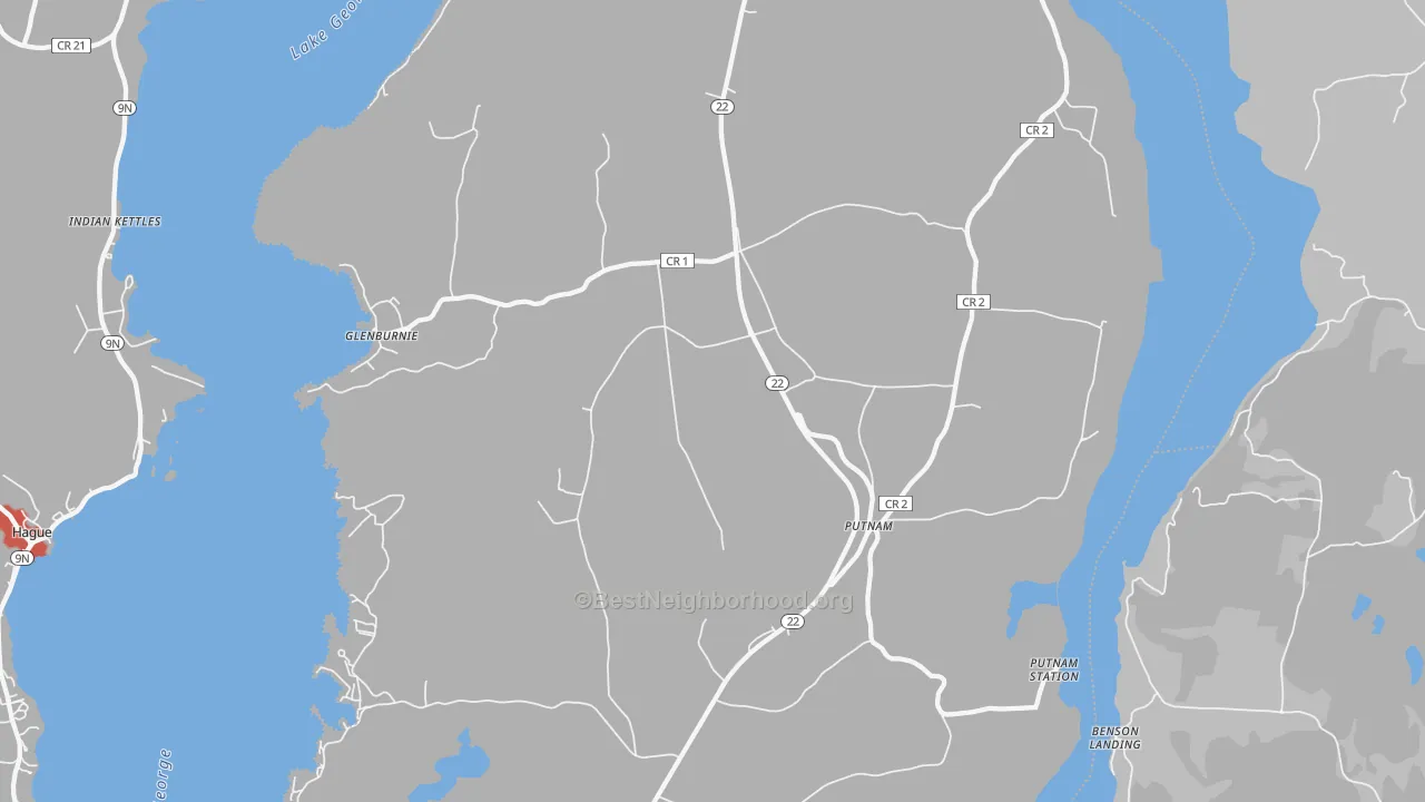 Walk Grade map of Putnam Station, NY, walkable areas in green and car-dependent areas in red