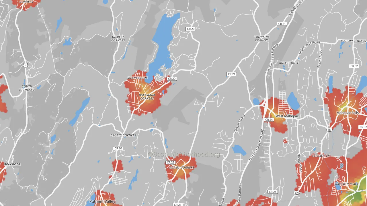 Walk Grade map of Putnam Valley, NY, walkable areas in green and car-dependent areas in red
