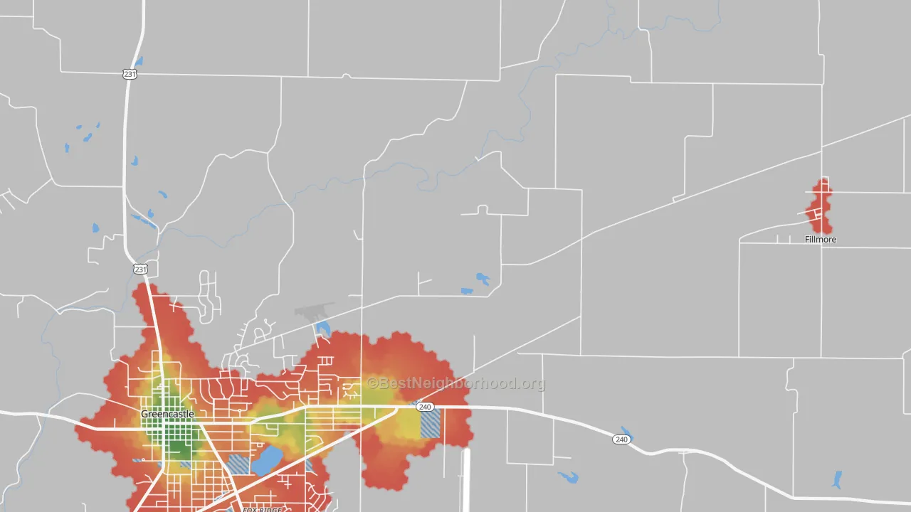 Walk Grade map of Putnamville, IN, walkable areas in green and car-dependent areas in red