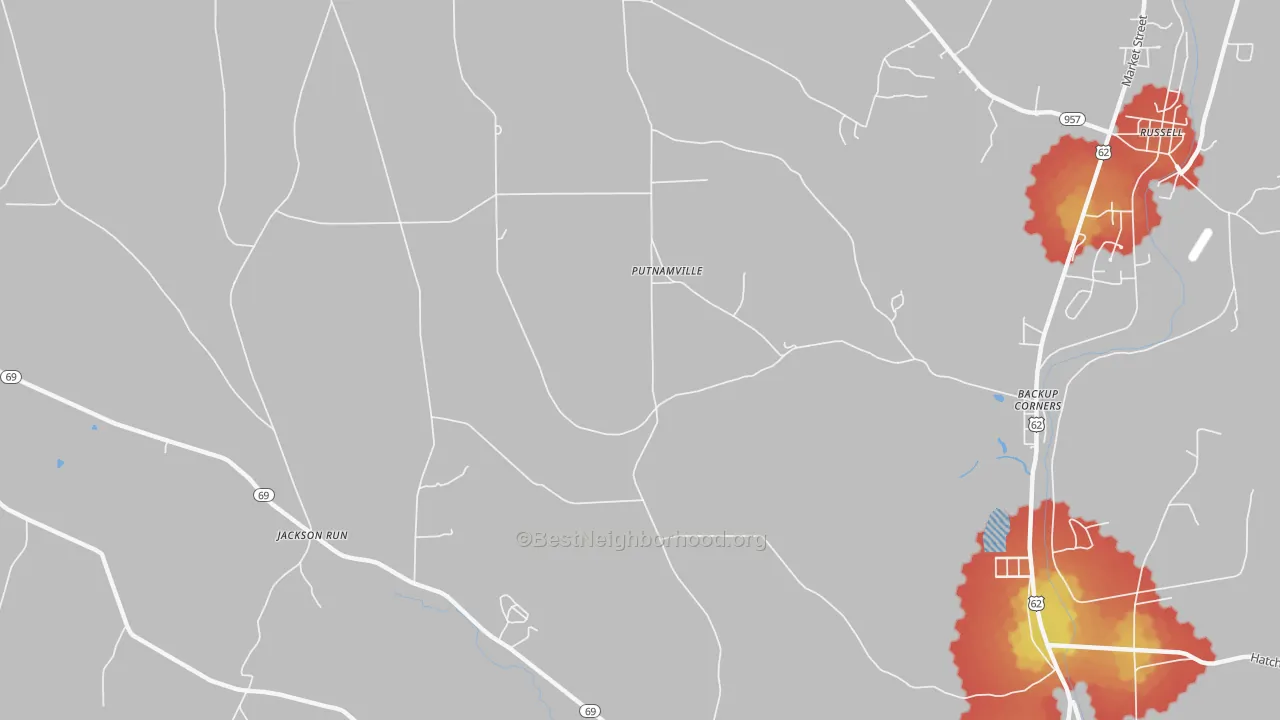 Walk Grade map of Putnamville, PA, walkable areas in green and car-dependent areas in red