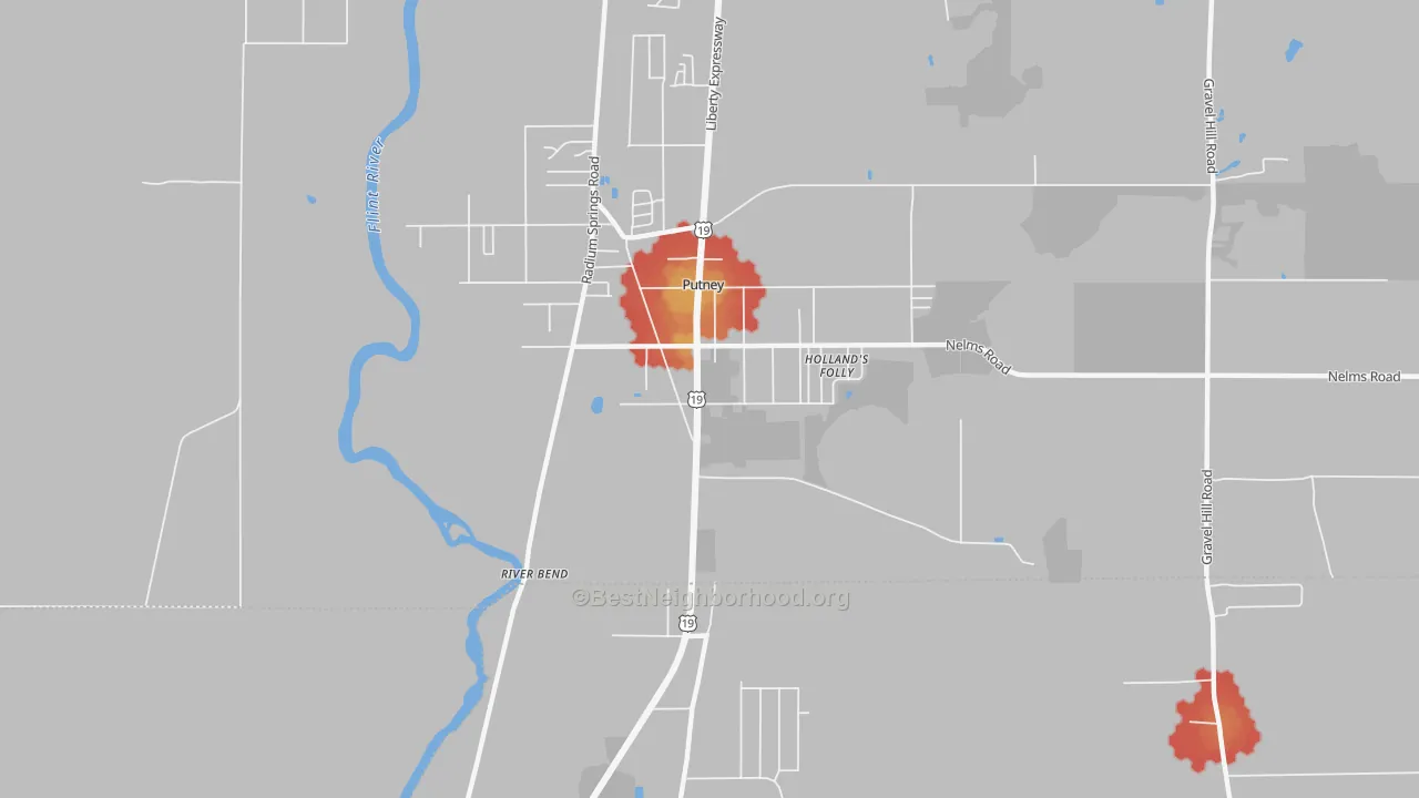 Walk Grade map of Putney, GA, walkable areas in green and car-dependent areas in red