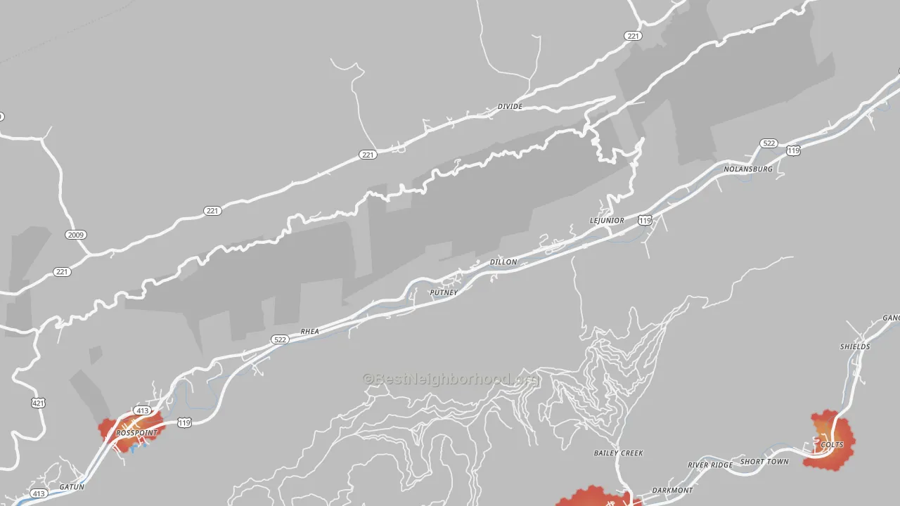 Walk Grade map of Putney, KY, walkable areas in green and car-dependent areas in red