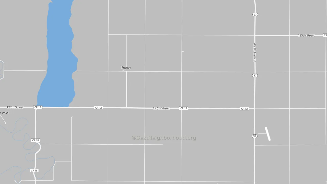 Walk Grade map of Putney, SD, walkable areas in green and car-dependent areas in red