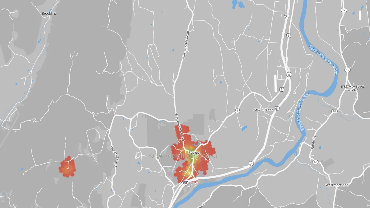 Walk Grade map of Putney, VT, walkable areas in green and car-dependent areas in red