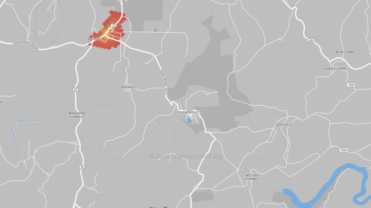 Walk Grade map of Putneyville, PA, walkable areas in green and car-dependent areas in red