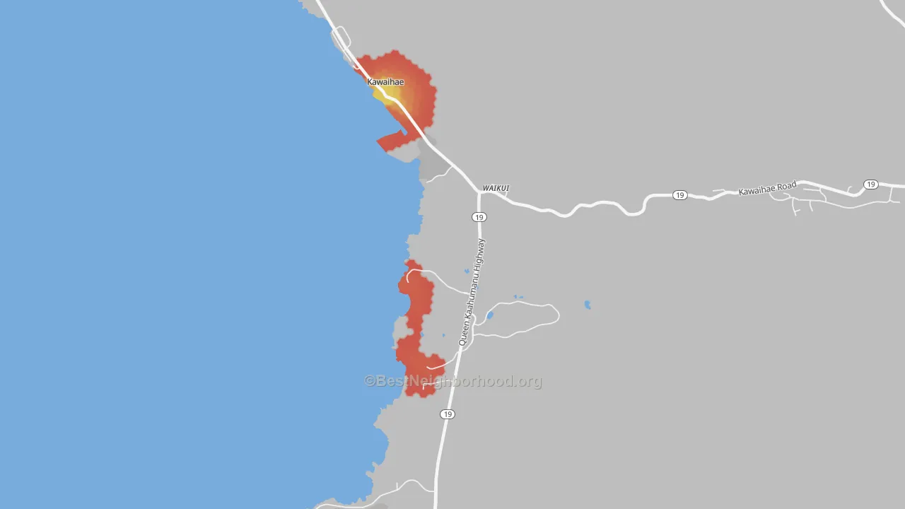 Walk Grade map of Puukohola Heiau National Historic Site, HI, walkable areas in green and car-dependent areas in red