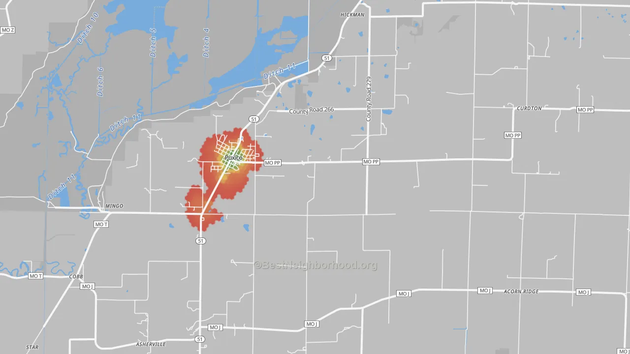 Walk Grade map of Puxico, MO, walkable areas in green and car-dependent areas in red
