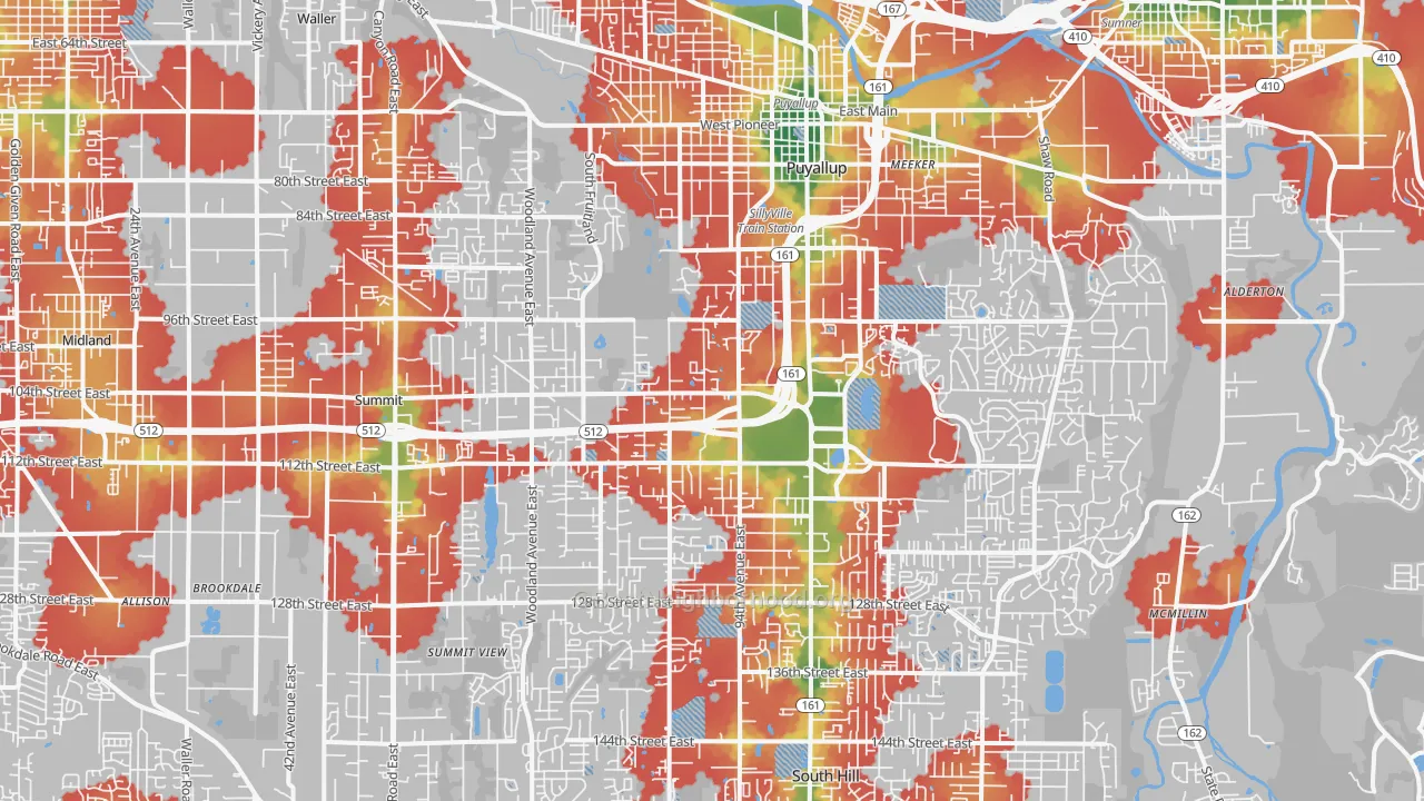 Walk Grade map of Puyallup, WA, walkable areas in green and car-dependent areas in red