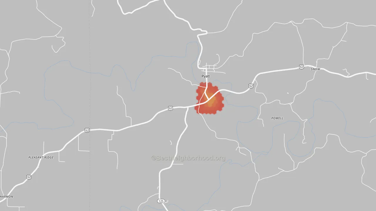Walk Grade map of Pyatt, AR, walkable areas in green and car-dependent areas in red
