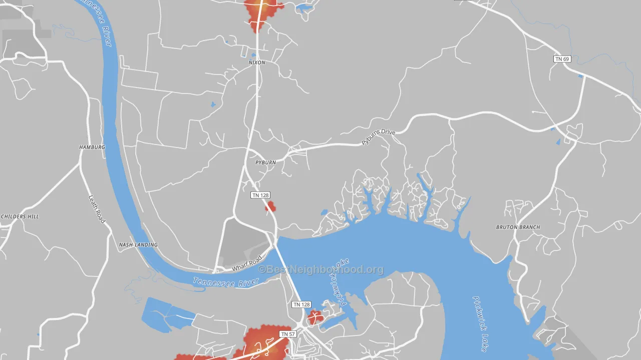 Walk Grade map of Pyburns, TN, walkable areas in green and car-dependent areas in red