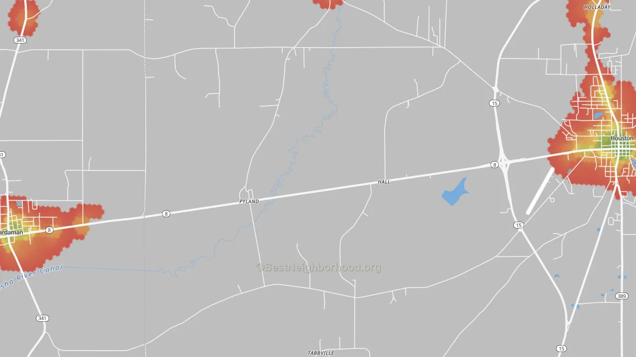 Walk Grade map of Pyland, MS, walkable areas in green and car-dependent areas in red