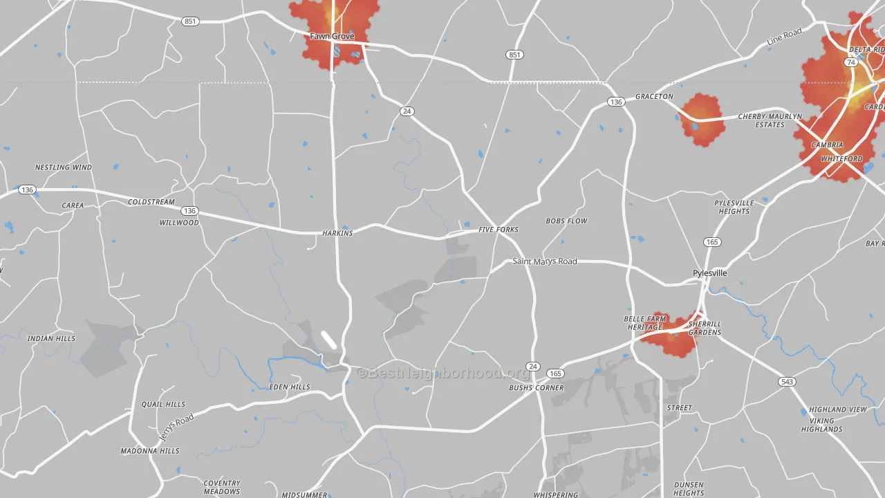 Walk Grade map of Pylesville, MD, walkable areas in green and car-dependent areas in red