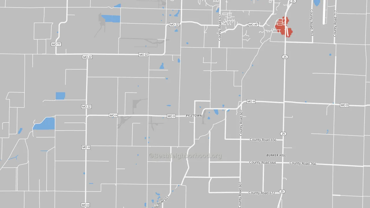Walk Grade map of Pyletown, MO, walkable areas in green and car-dependent areas in red