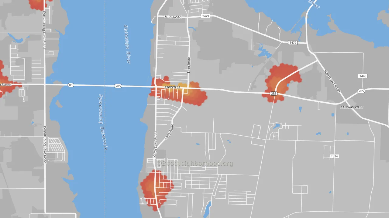 Walk Grade map of Pymatuning Central, PA, walkable areas in green and car-dependent areas in red